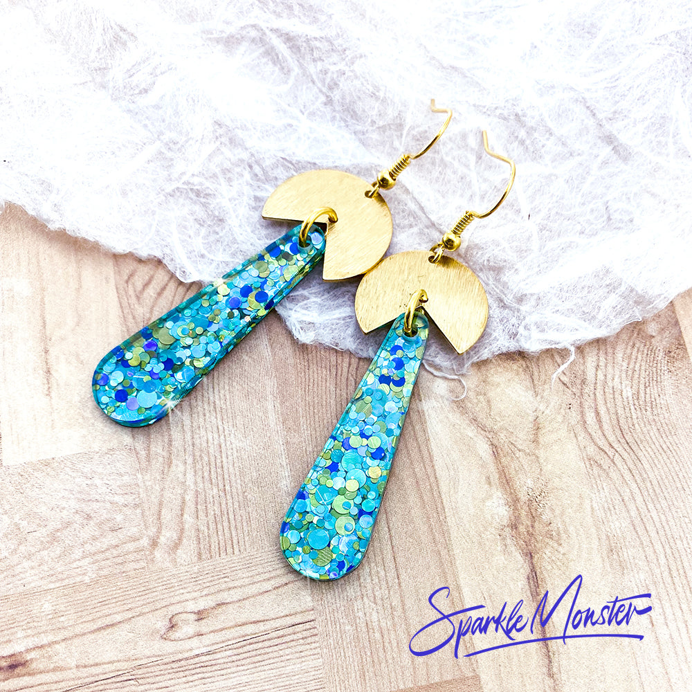 SALE Bauhaus Babe dangle earrings, aqua blue confetti glitter, laser cut acrylic, retro, gold, geometric