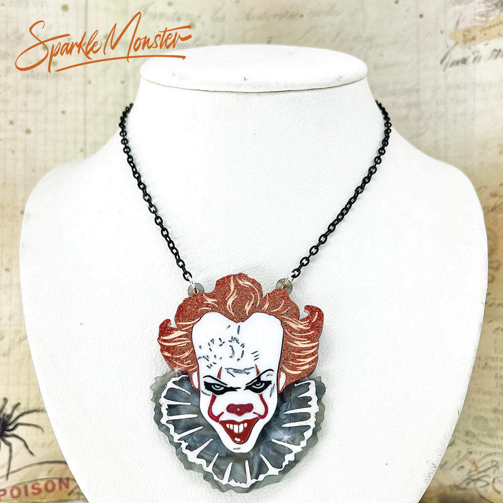 Pennywise The Dancing Clown - laser cut acrylic necklace, orange glitter, gray pearl, horror, IT