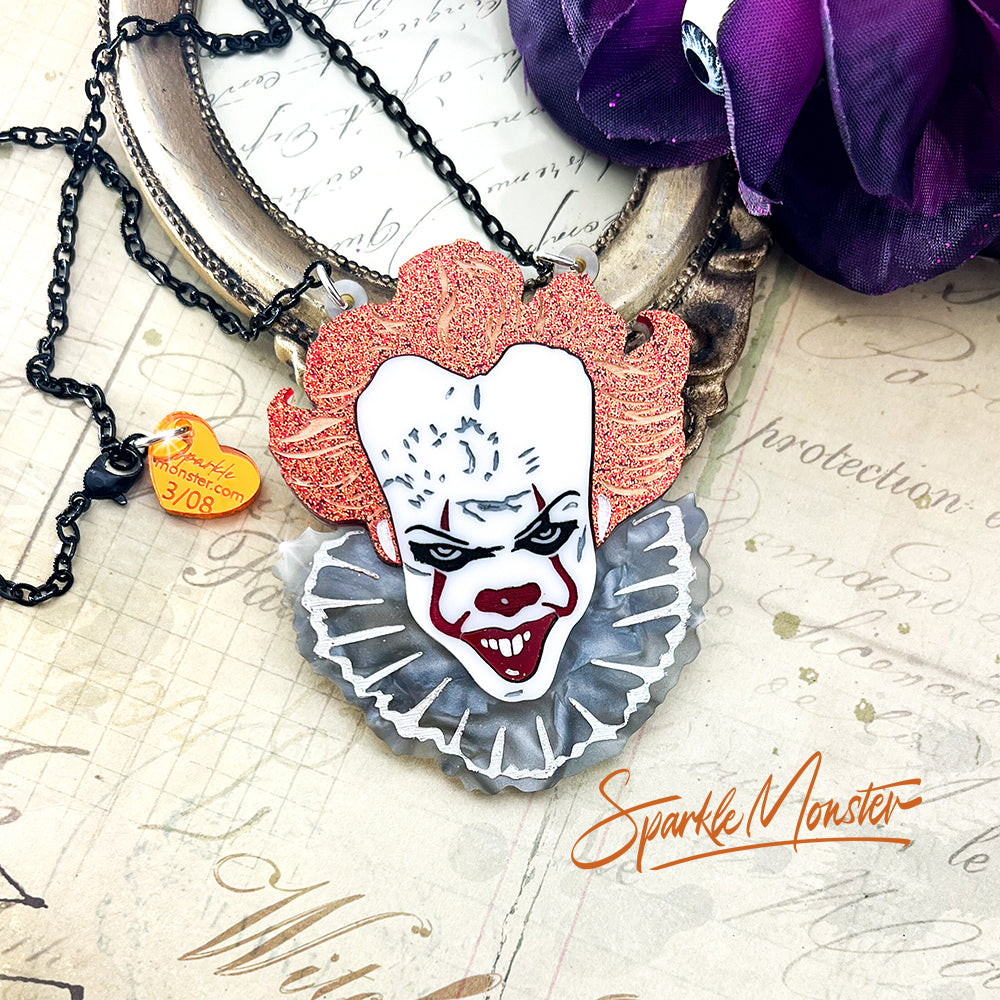 Pennywise The Dancing Clown - laser cut acrylic necklace, orange glitter, gray pearl, horror, IT