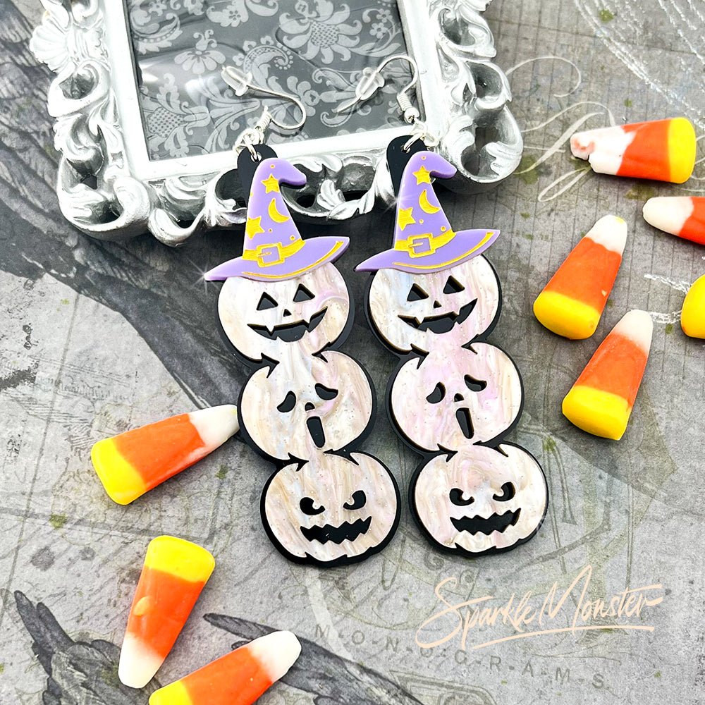 SALE Three Little Pumpkins - dangle earrings, laser cut acrylic, glitter