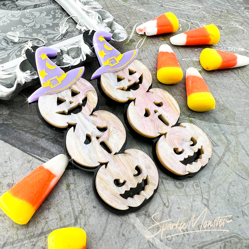 SALE Three Little Pumpkins - dangle earrings, laser cut acrylic, glitter