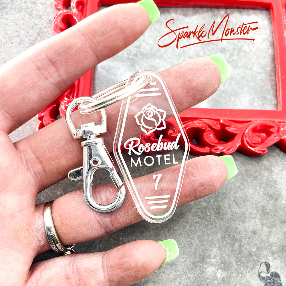 Rosebud Motel laser cut acrylic keychain with lobster claw clasp, clear, funny