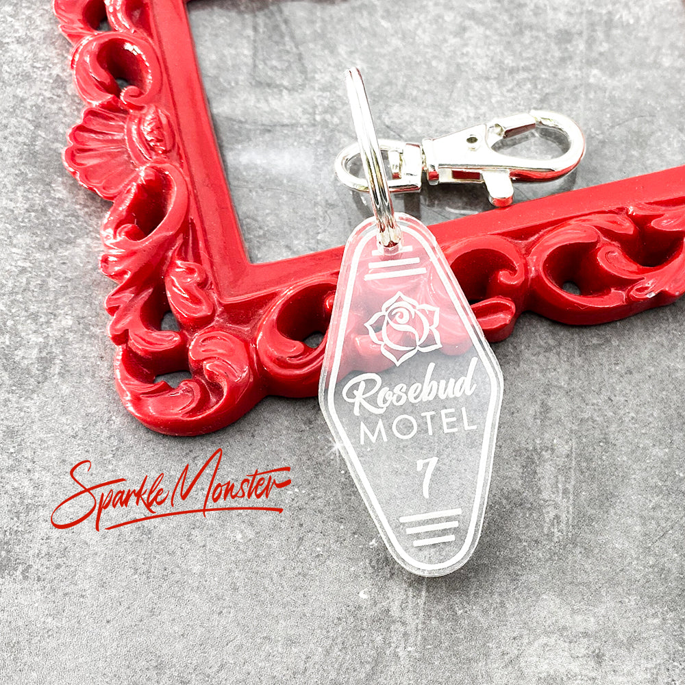 Rosebud Motel laser cut acrylic keychain with lobster claw clasp, clear, funny