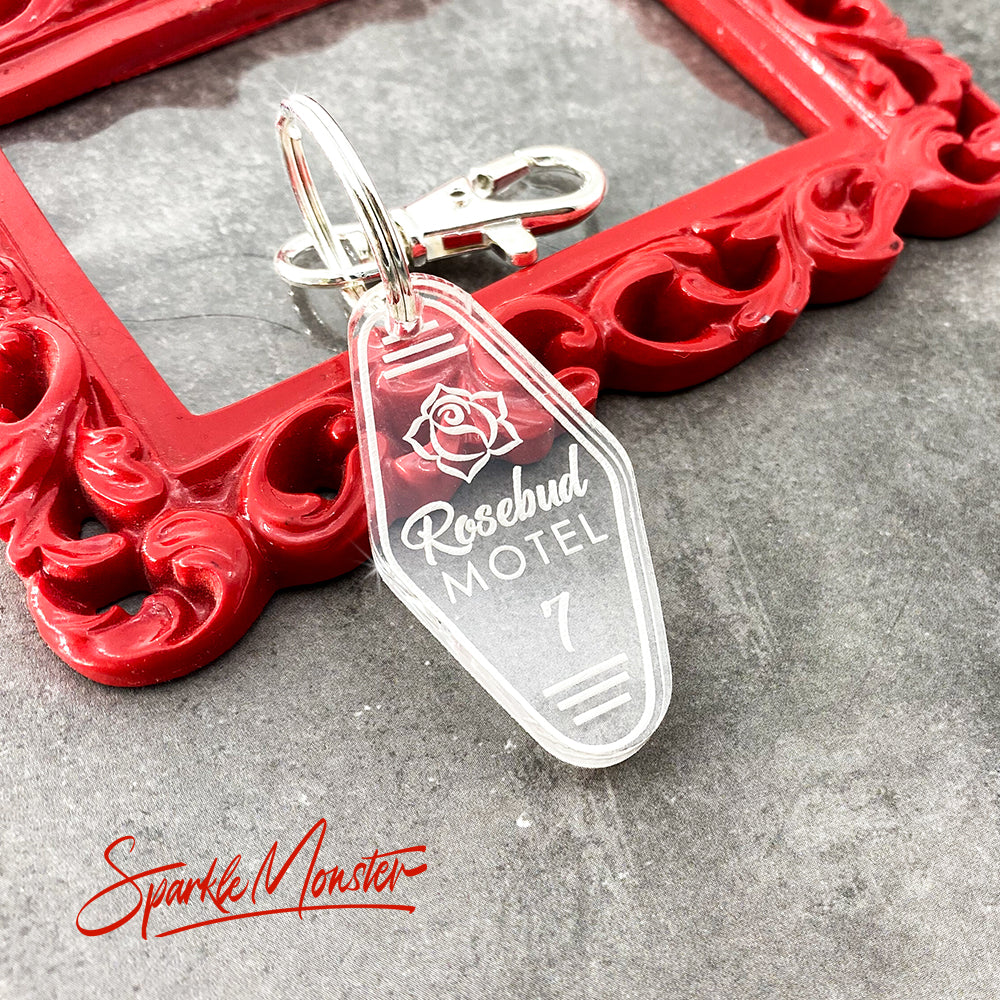 Rosebud Motel laser cut acrylic keychain with lobster claw clasp, clear, funny