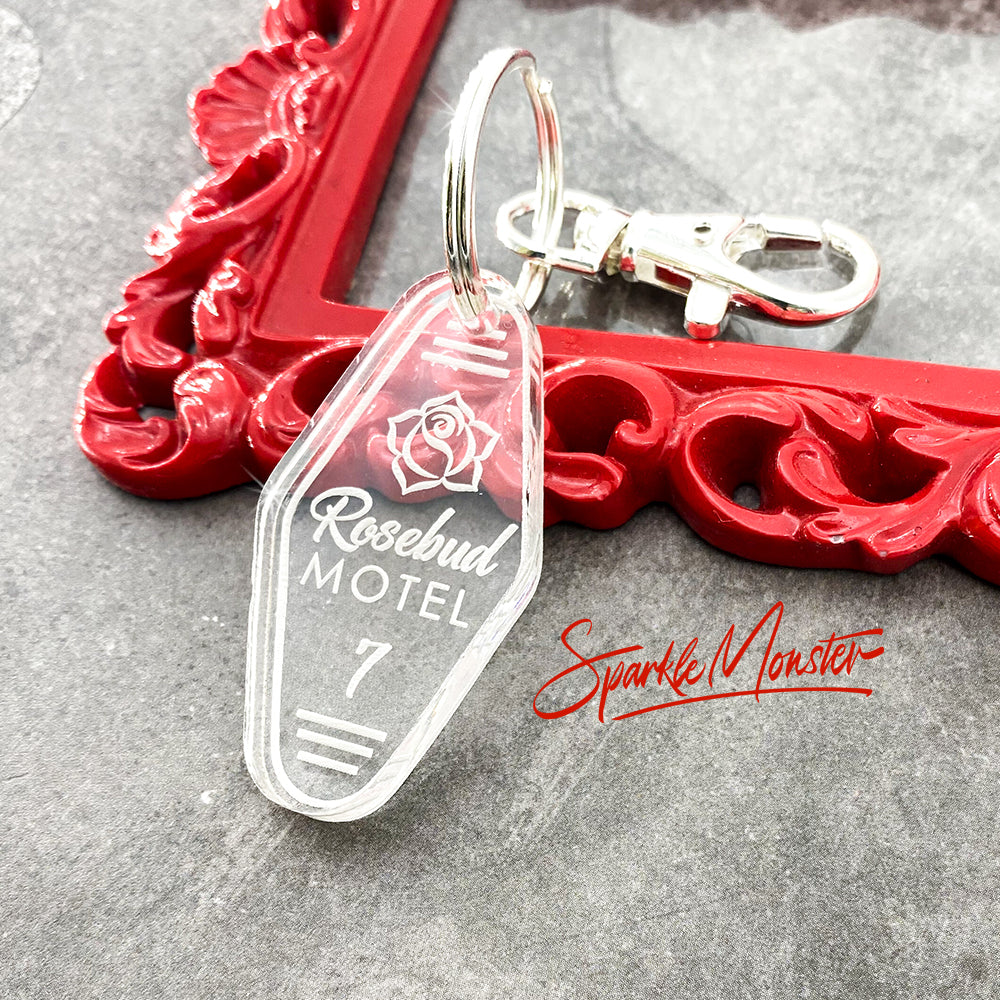 Rosebud Motel laser cut acrylic keychain with lobster claw clasp, clear, funny