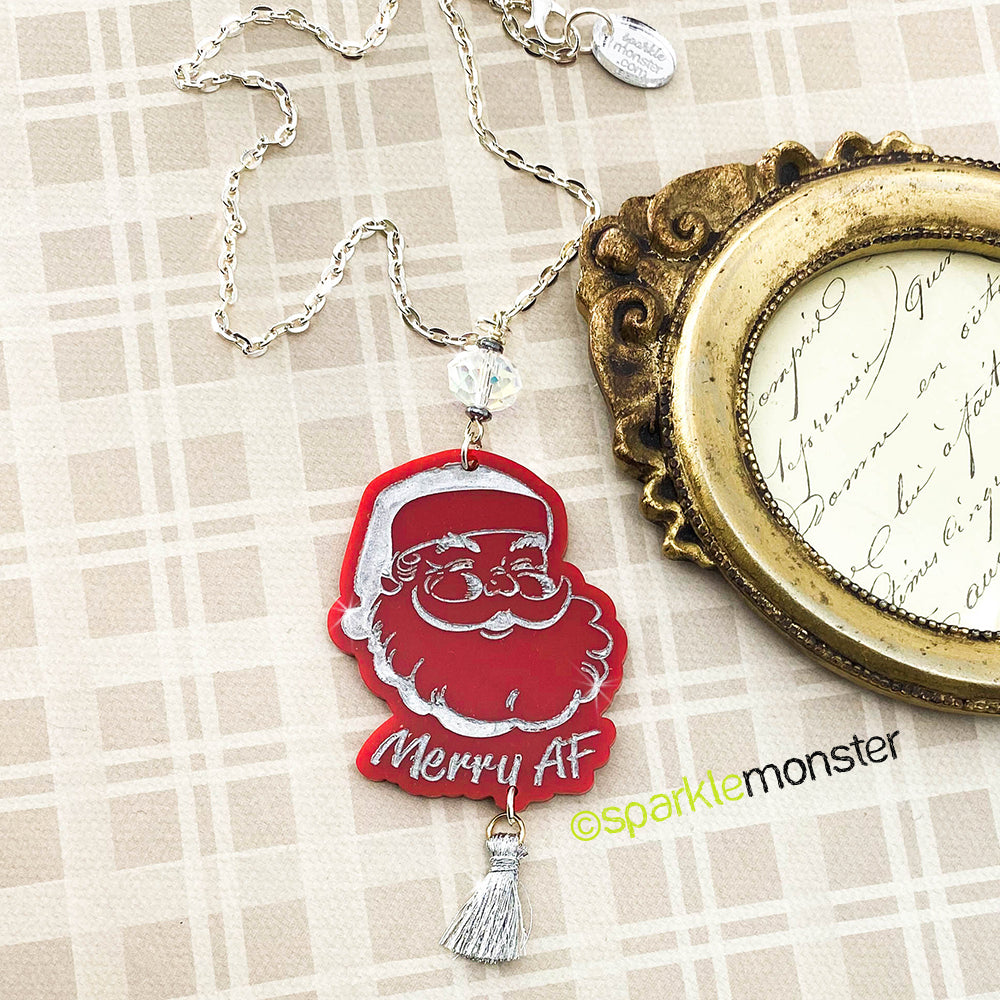 Classic Santa necklace with tinsel tassel and crystal, laser cut acrylic