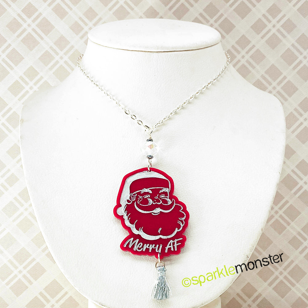 Classic Santa necklace with tinsel tassel and crystal, laser cut acrylic
