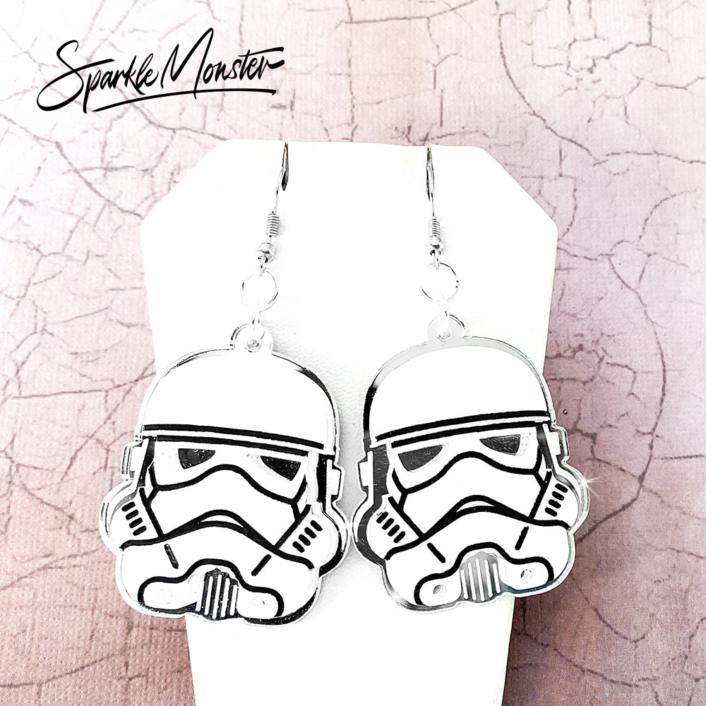 Trooper earrings, laser cut acrylic, stars, white, silver, movie inspired, empire