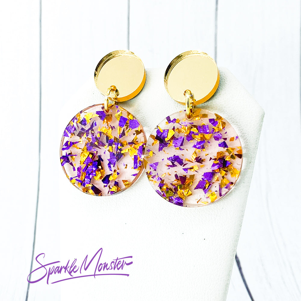 Confetti Party dangle earrings, gold and purple