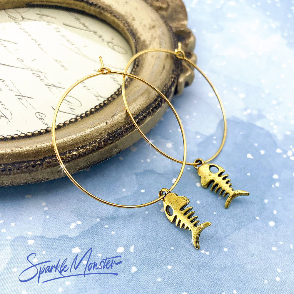 SALE Fishbone Hoop Earrings, medium golden hoops, kitsch, cute, goth