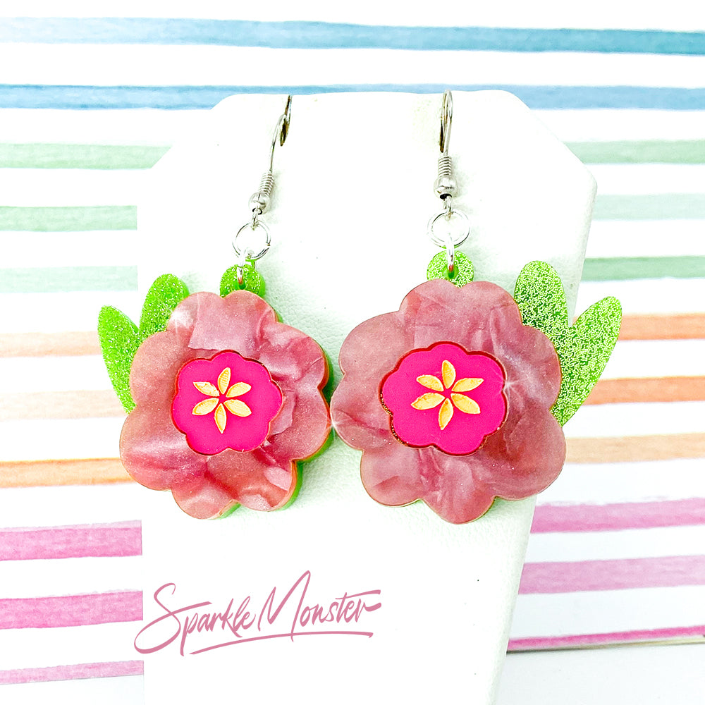 Spring Flowers - dangle earrings, laser cut acrylic, pink, pearl, floral