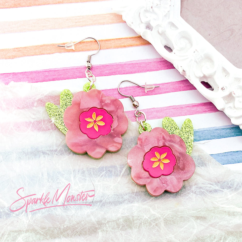 Spring Flowers - dangle earrings, laser cut acrylic, pink, pearl, floral
