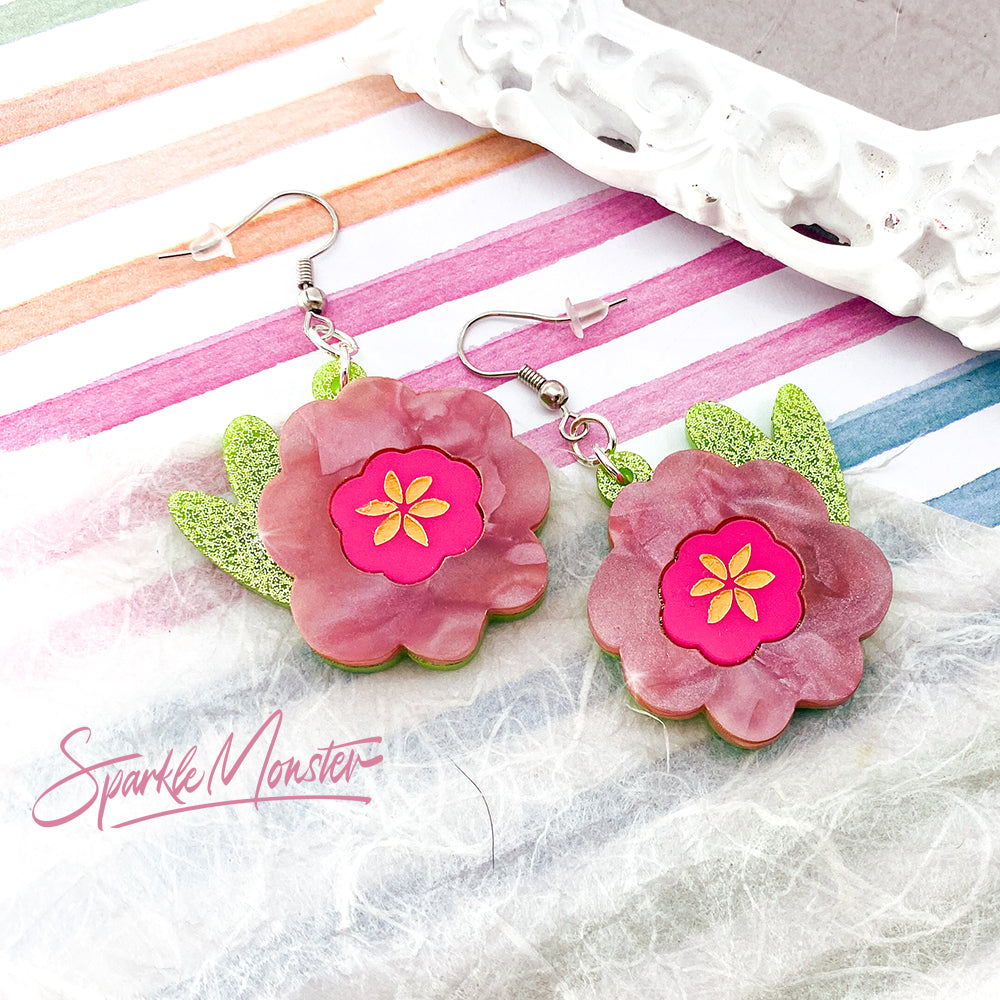 Spring Flowers - dangle earrings, laser cut acrylic, pink, pearl, floral