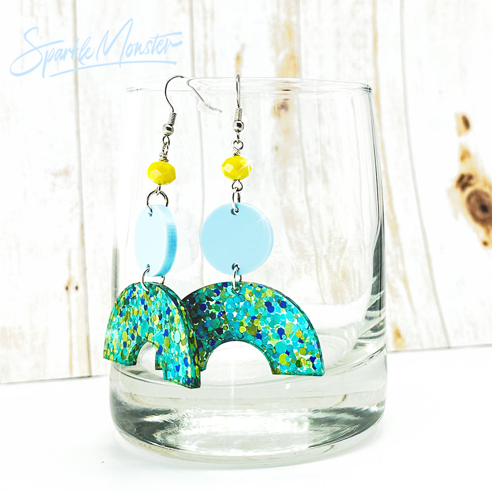 SALE Aqua Arches, glitter dangle earrings, laser cut acrylic, turquoise and yellow