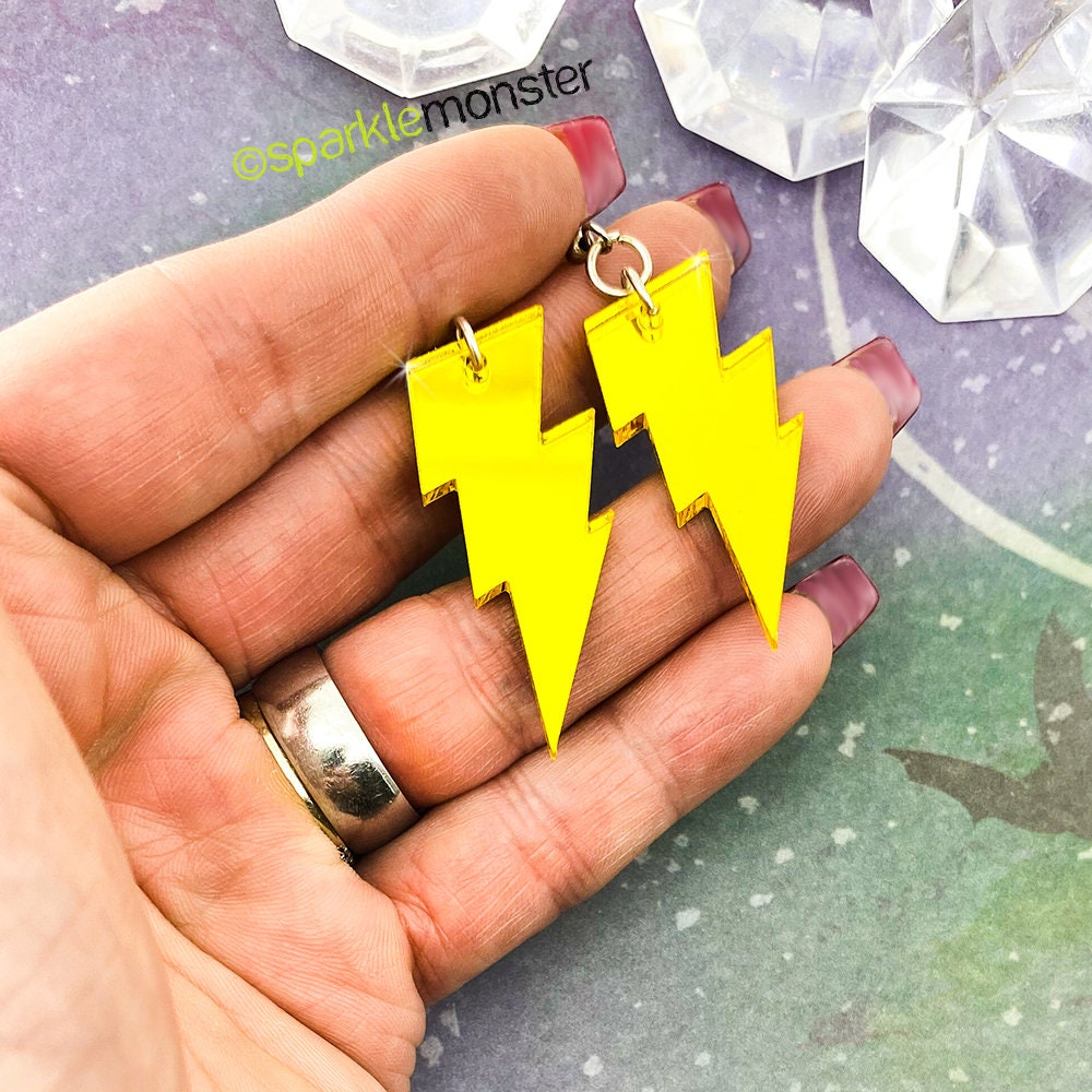 Thunder Bolt of Lightning - laser cut acrylic earrings, yellow mirror, charms, dangle, punk rocker