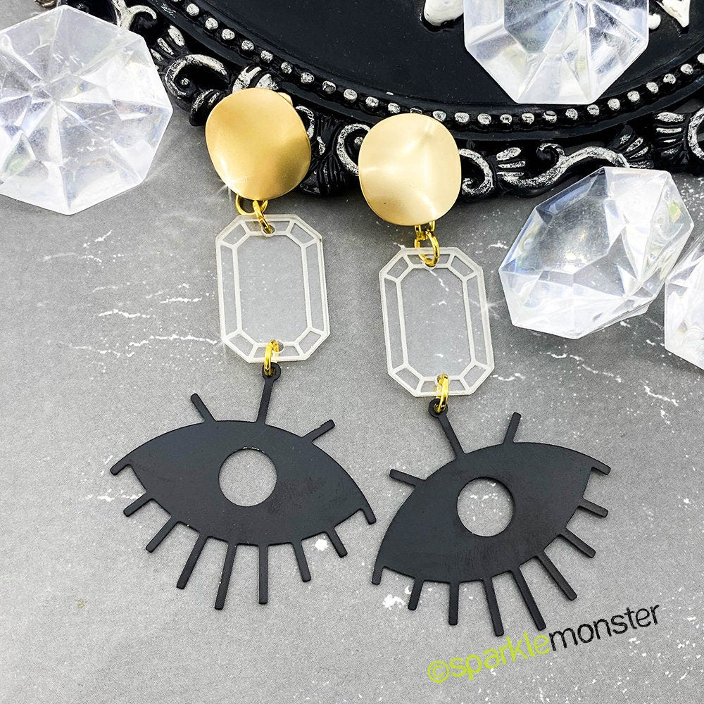 SALE Eye See You - gold and matte black dangle earrings with clear acrylic gem in laser cut acrylic, bohemian, gold posts