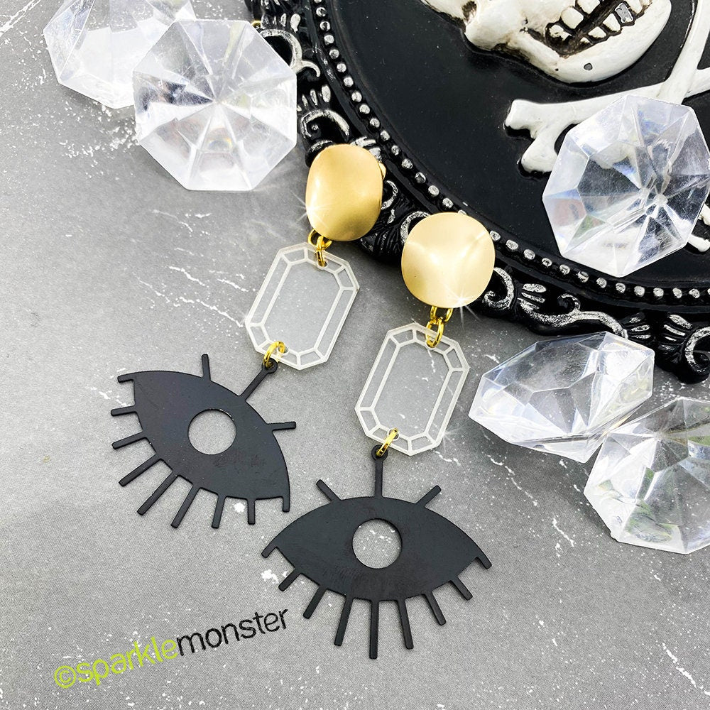 SALE Eye See You - gold and matte black dangle earrings with clear acrylic gem in laser cut acrylic, bohemian, gold posts