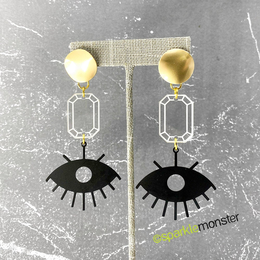 SALE Eye See You - gold and matte black dangle earrings with clear acrylic gem in laser cut acrylic, bohemian, gold posts