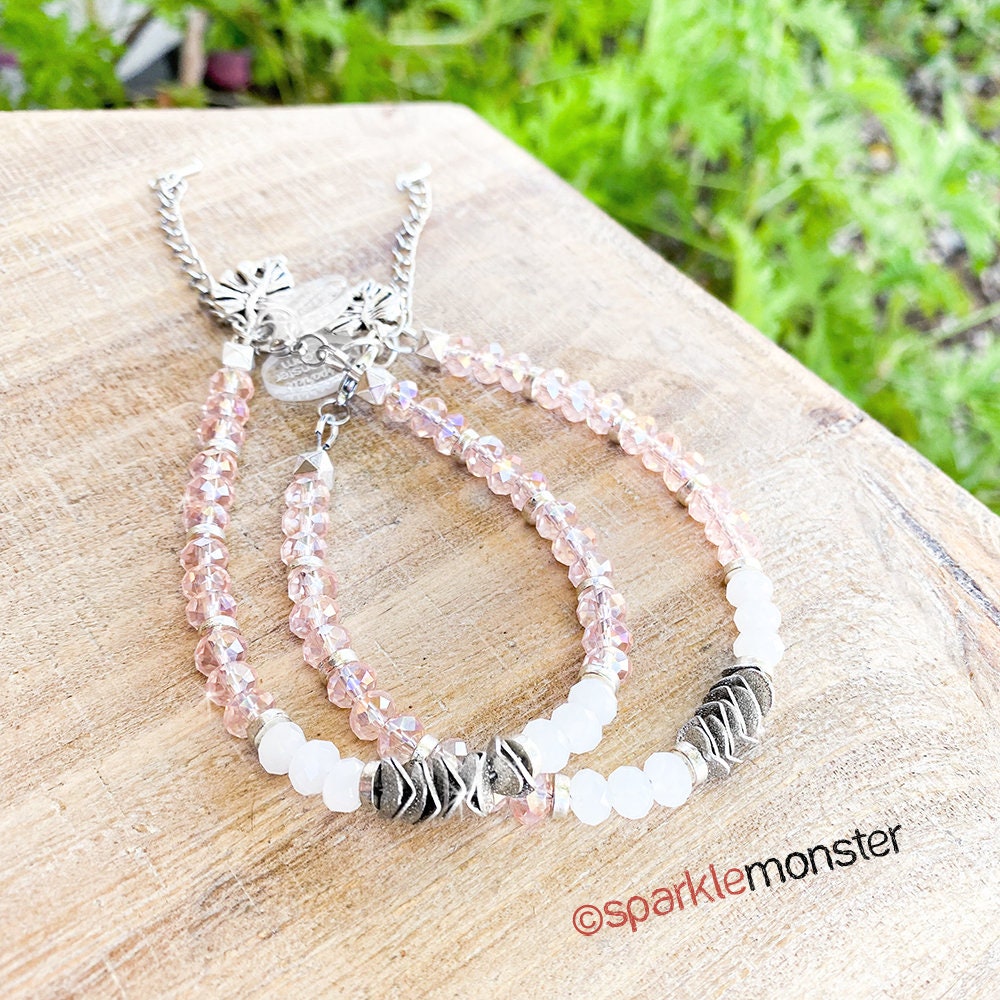 SALE Tropical Peach, adjustable gemstone bracelet, US seller, peach and white crystals, beaded, luxurious, Monstera leaf