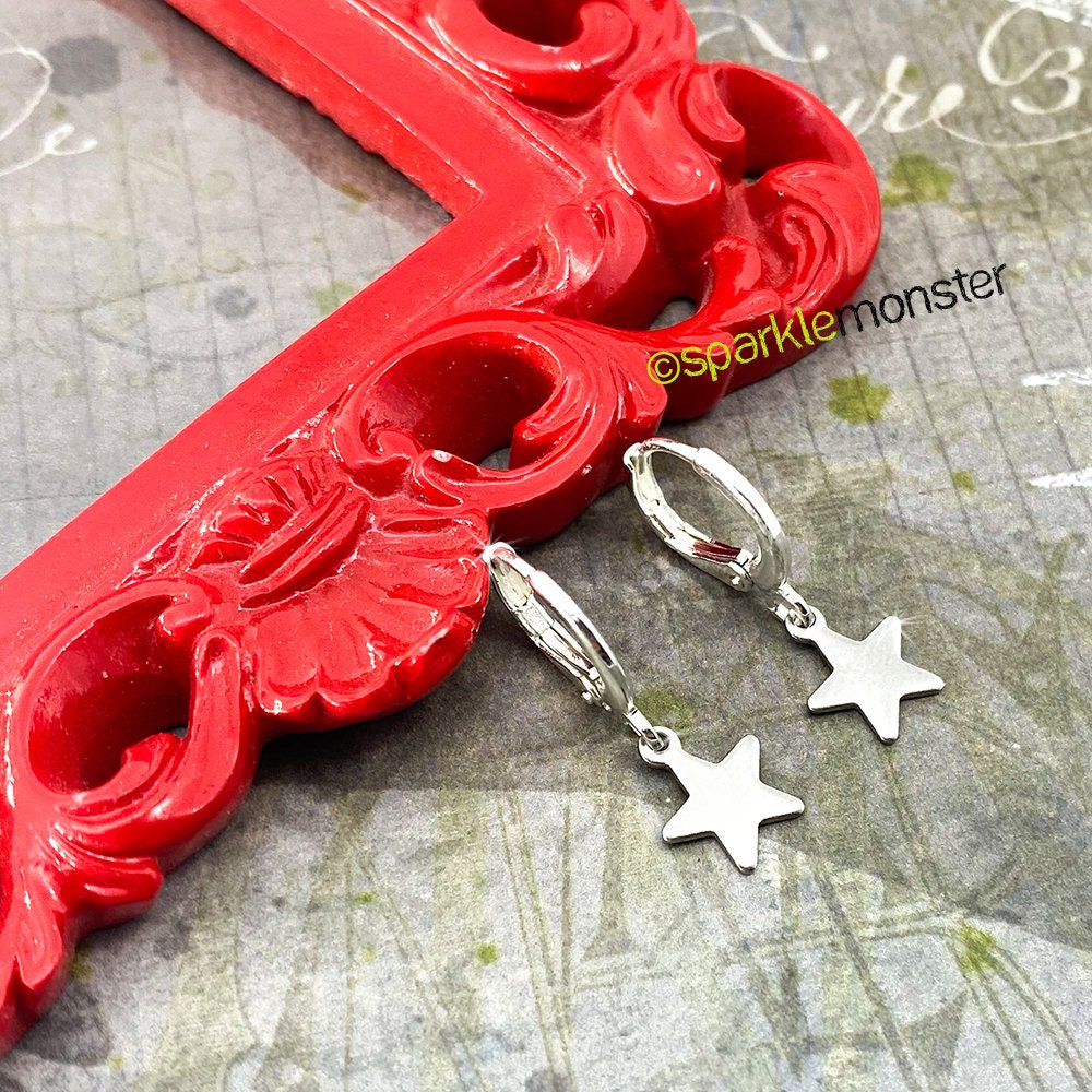 SALE Star Huggies, small hoop earrings, hinge back, silver, petite, cute, trendy