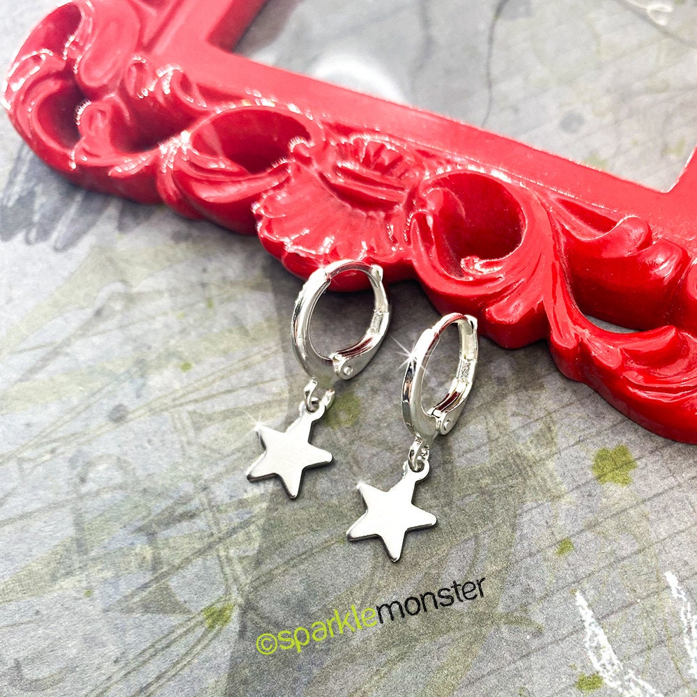 SALE Star Huggies, small hoop earrings, hinge back, silver, petite, cute, trendy