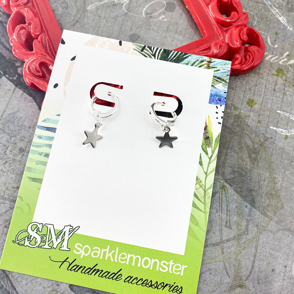 SALE Star Huggies, small hoop earrings, hinge back, silver, petite, cute, trendy