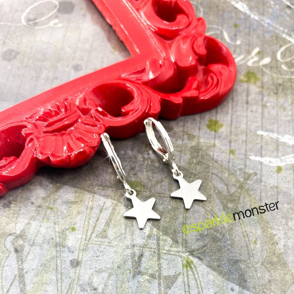SALE Star Huggies, small hoop earrings, hinge back, silver, petite, cute, trendy