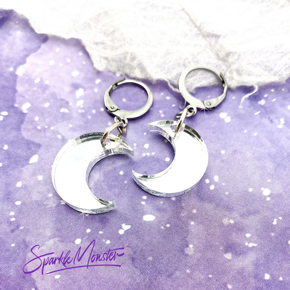 Moon Huggies, small hoop earrings, hinge back, silver mirror, petite, cute, witchy