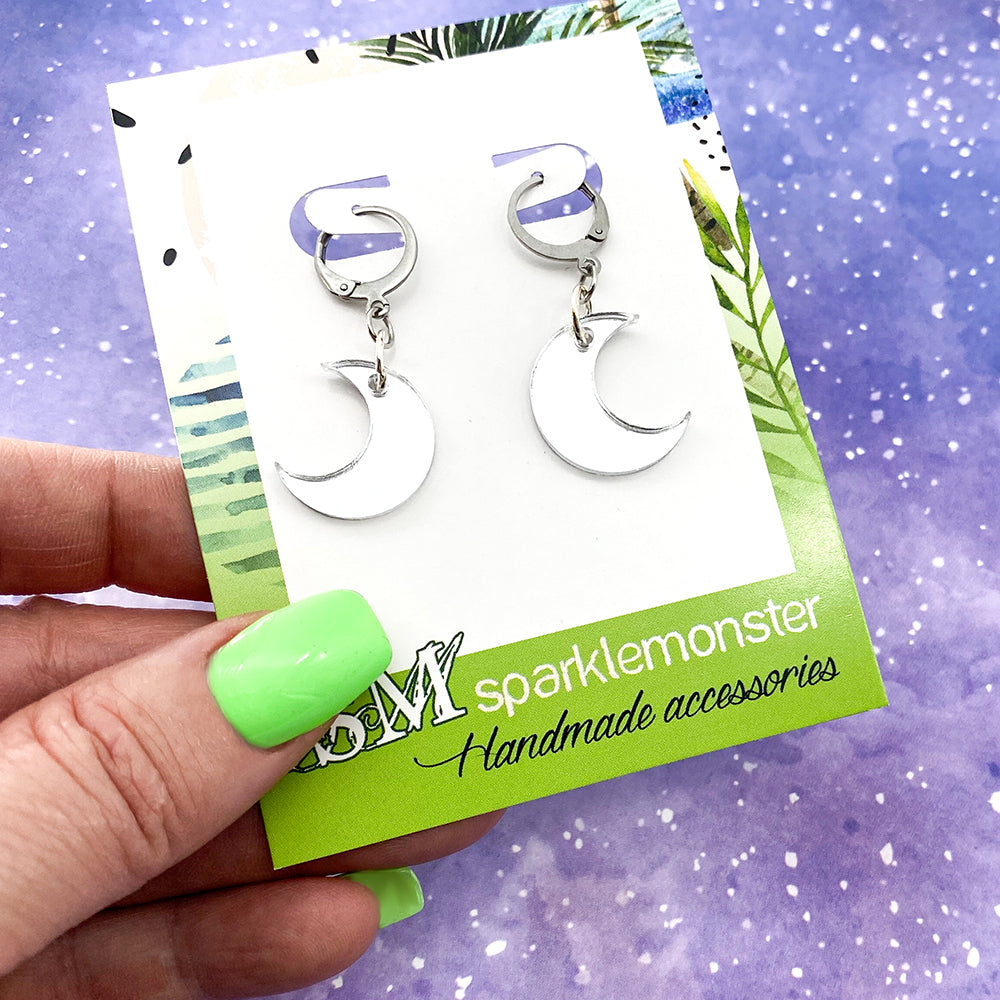 Moon Huggies, small hoop earrings, hinge back, silver mirror, petite, cute, witchy