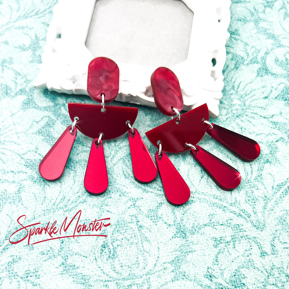 Shades of Red dangle earrings, laser cut acrylic, post back, modern, geometric