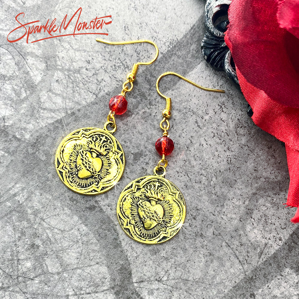 SALE Sacred Heart dangle earrings with crystals