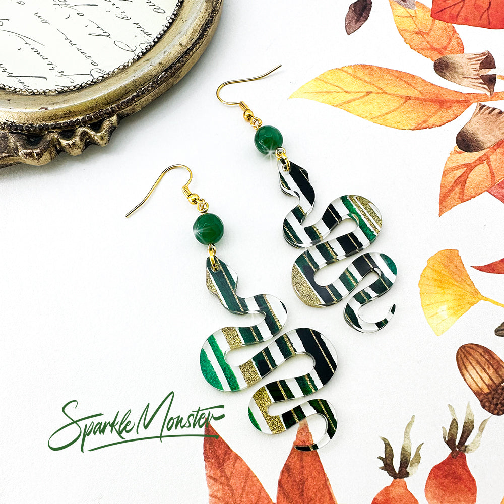 Medusa Serpent dangle earrings, green stripe laser cut acrylic