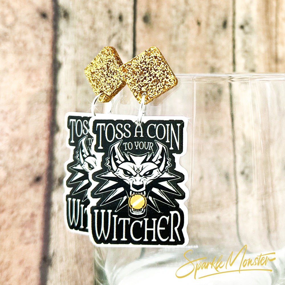 Toss a Coin to Your Witcher, acrylic dangle earrings