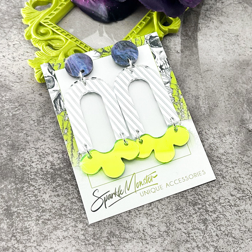 Daydream dangle earrings in silver and bright green, Beetlejuice edition