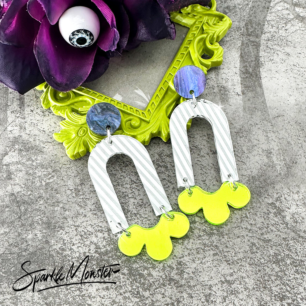 Daydream dangle earrings in silver and bright green, Beetlejuice edition