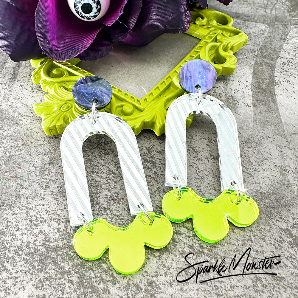 Daydream dangle earrings in silver and bright green, Beetlejuice edition