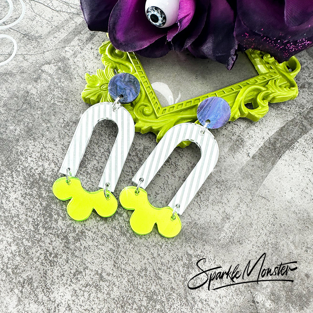 Daydream dangle earrings in silver and bright green, Beetlejuice edition