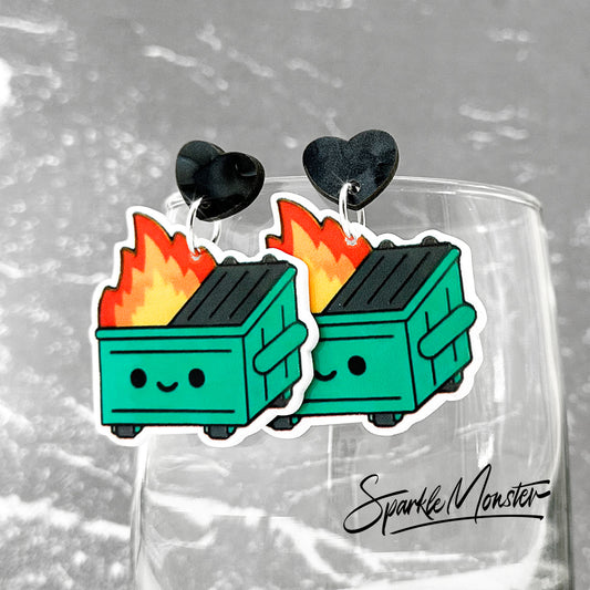 Dumpster Fire, acrylic dangle earrings