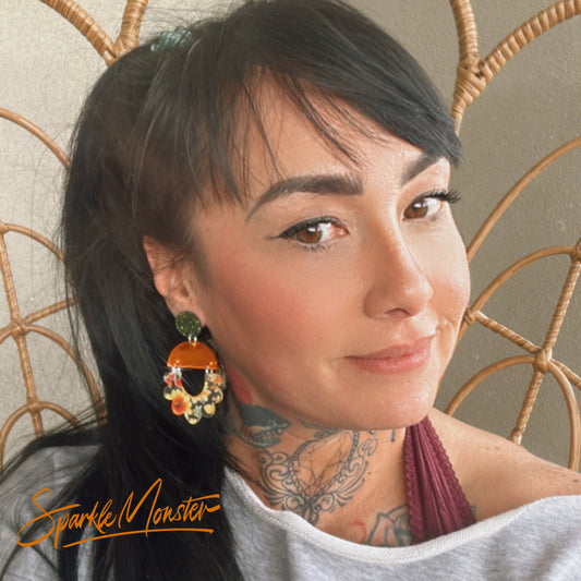 Flora dangle earrings in Autumn florals and orange mirror