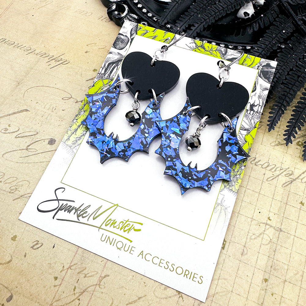Goth Bats and Hearts dangle earrings, blue glitter