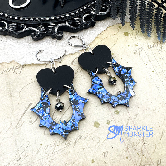 Goth Bats and Hearts dangle earrings, blue glitter