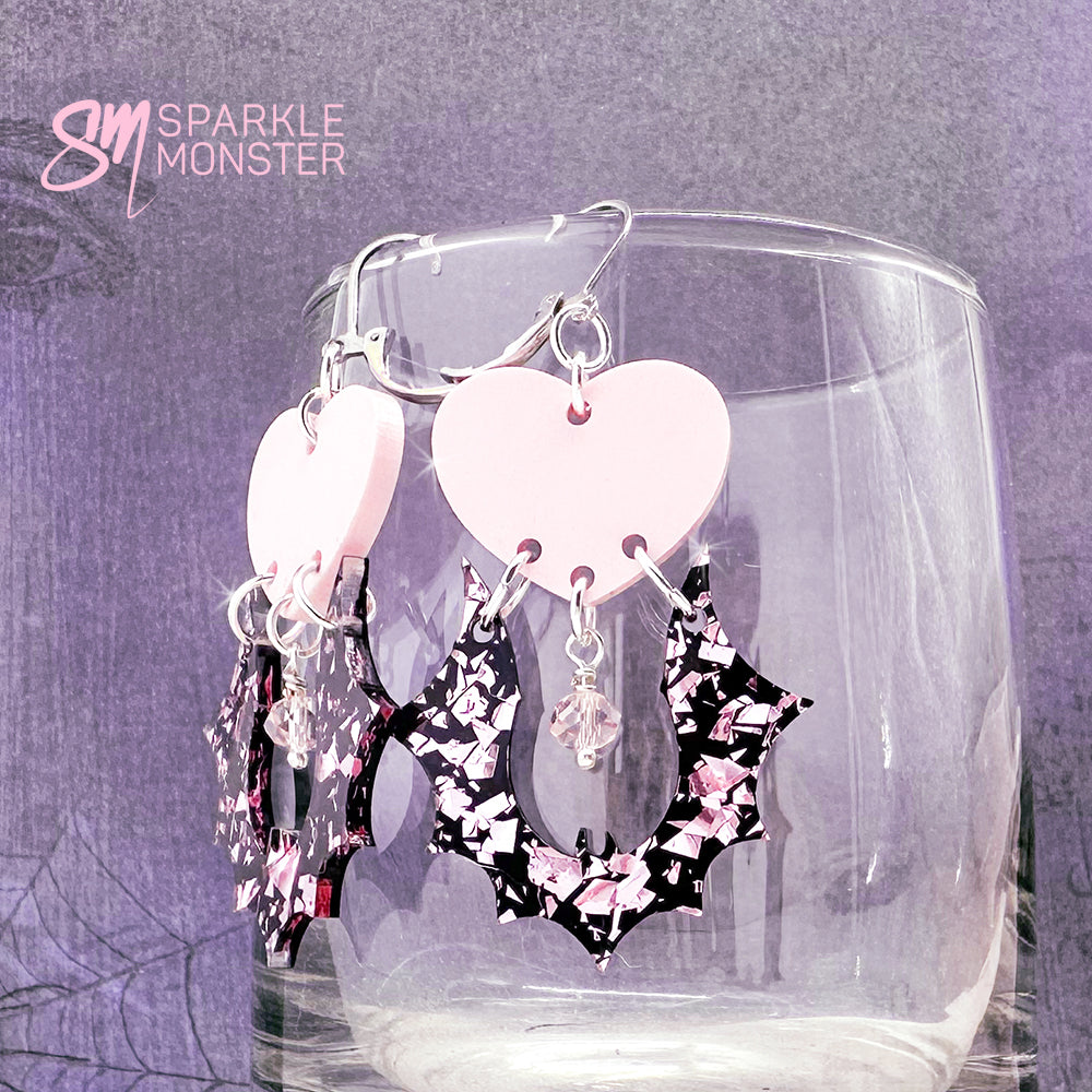 Goth Bats and Hearts dangle earrings, pink glitter