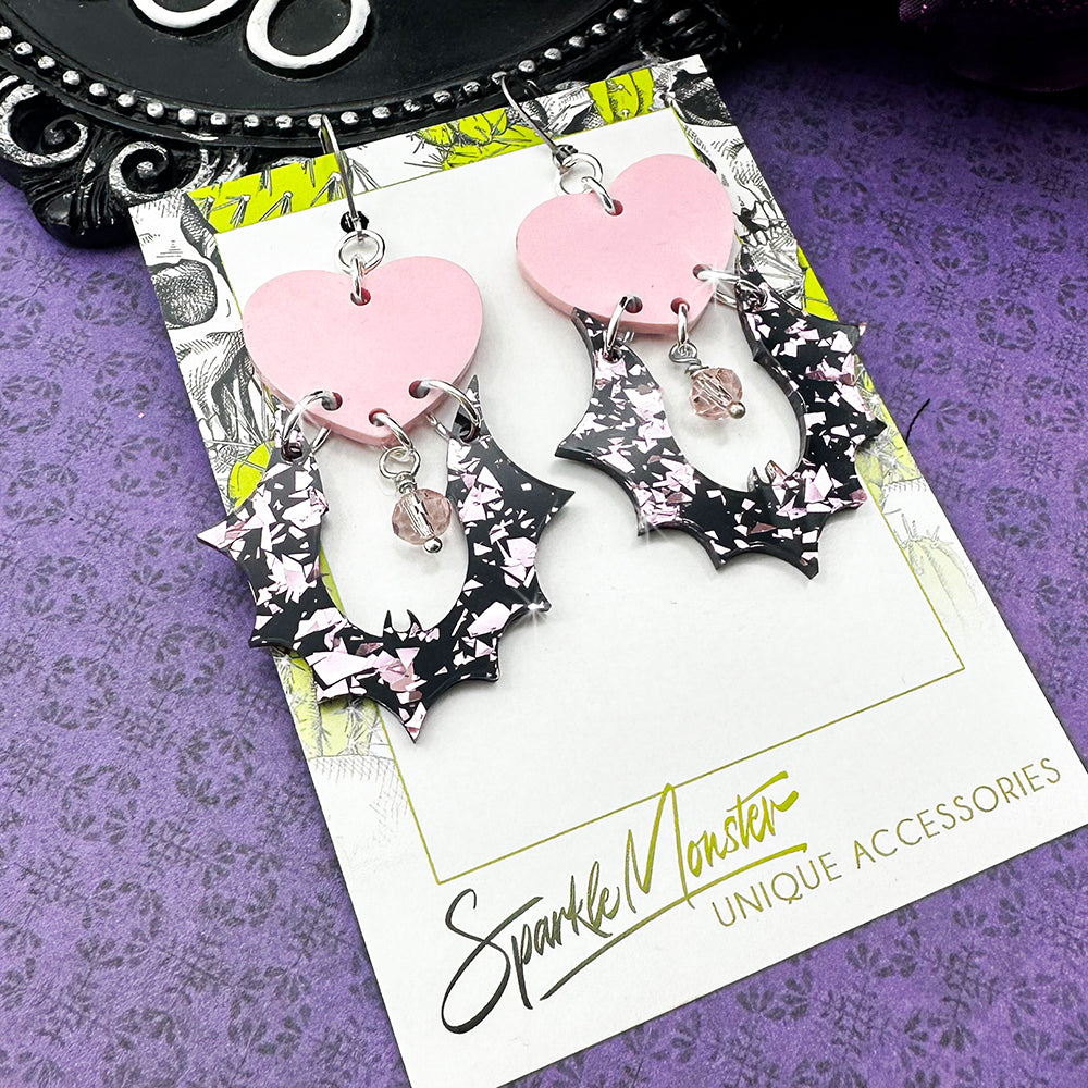 Goth Bats and Hearts dangle earrings, pink glitter