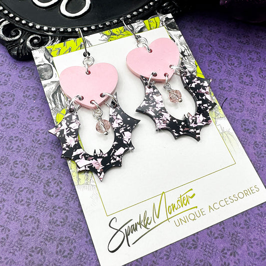 Goth Bats and Hearts dangle earrings, pink glitter