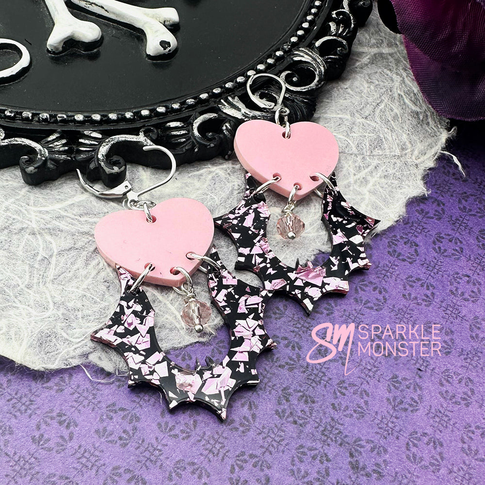 Goth Bats and Hearts dangle earrings, pink glitter