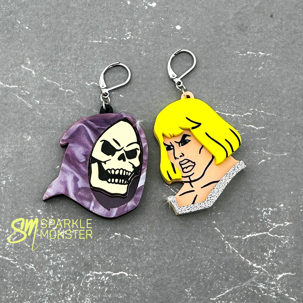 Masters Of the Universe dangle earrings, Skeletor and He-Man