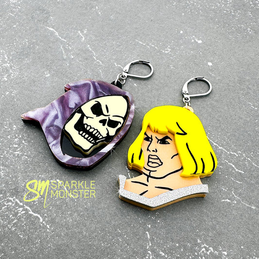 Masters Of the Universe dangle earrings, Skeletor and He-Man