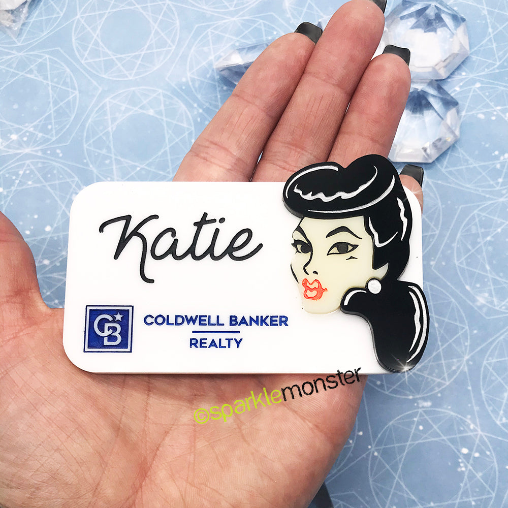 Small Business Brooch, laser cut acrylic name tag, logo, official, vacation planner, boss