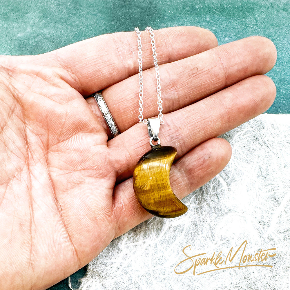 Tiger Eye Moon Pendant, SS Plated .925 Necklace, gemstone necklace