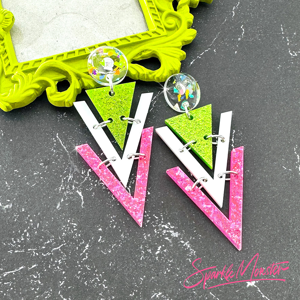 Nagel dangle earrings in lime green and hot pink